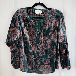 ANTHROPOLOGIE |  Green and Pink Floral Velvet Blouse